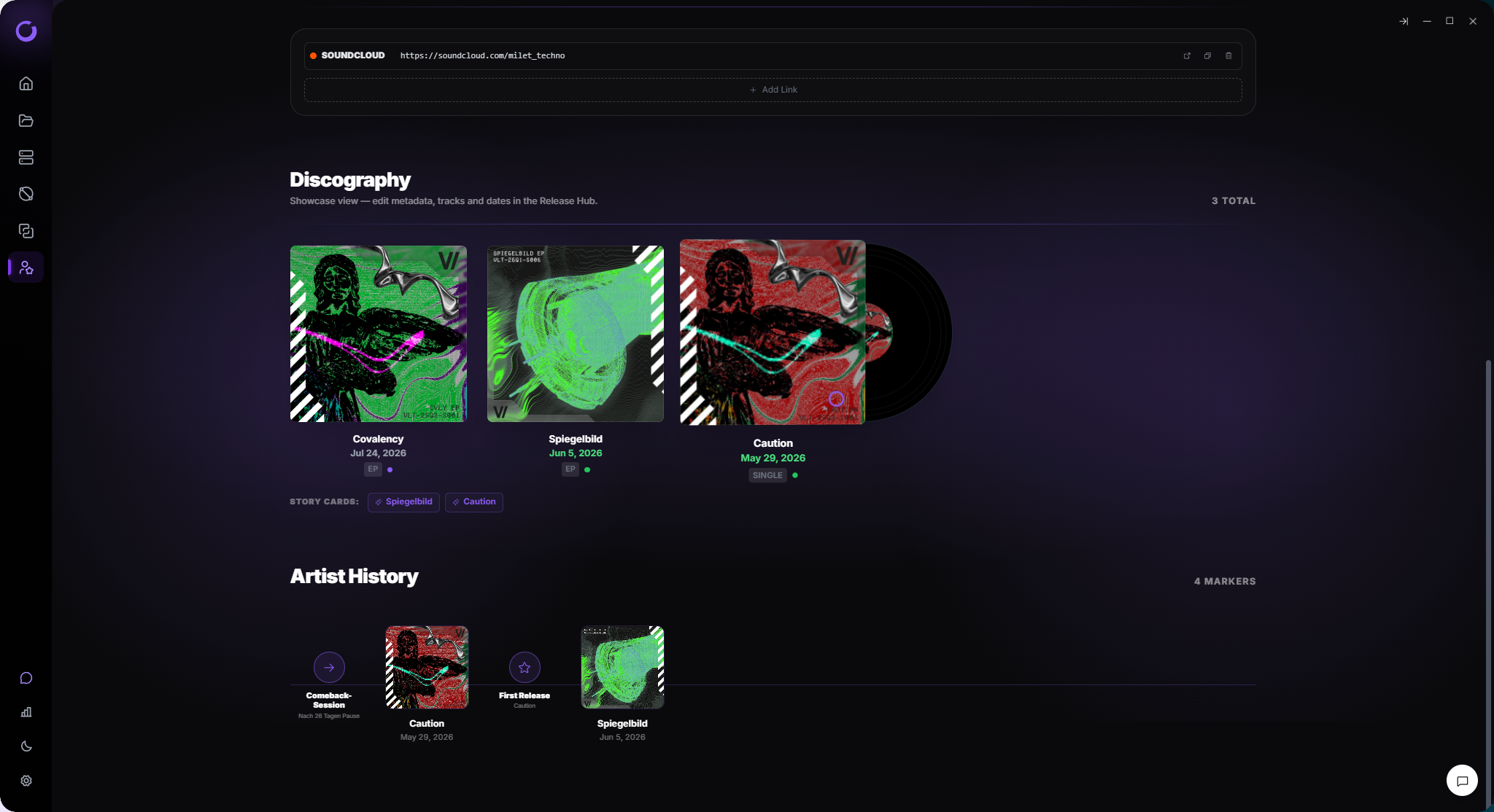 Vantom Artist Page — Discography vinyl-slide grid above the Artist History timeline