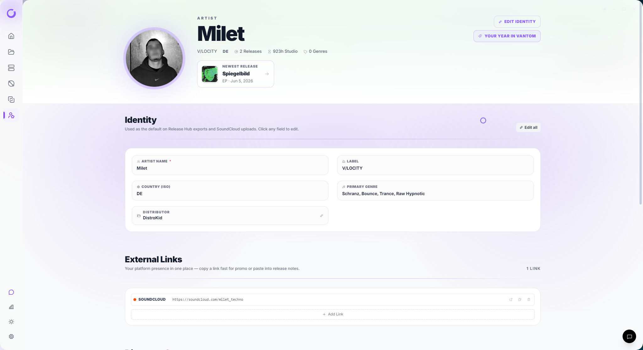 Vantom Artist Page — Identity hero