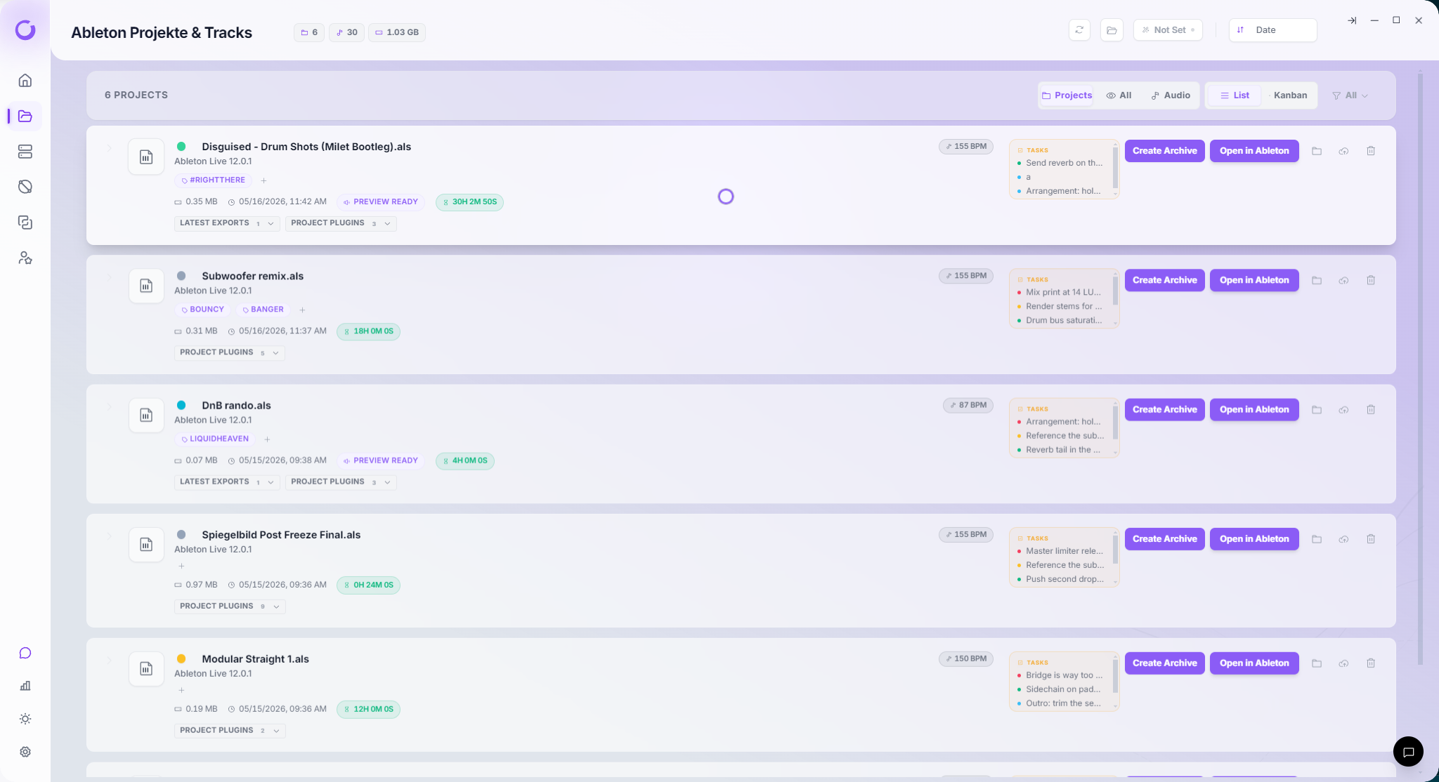 Vantom Local Library — every DAW project indexed in one view
