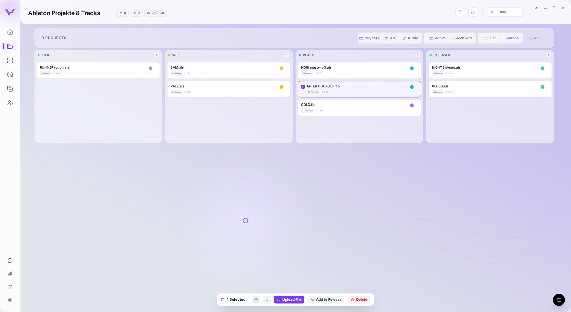 Vantom library in Kanban board view, projects grouped by stage