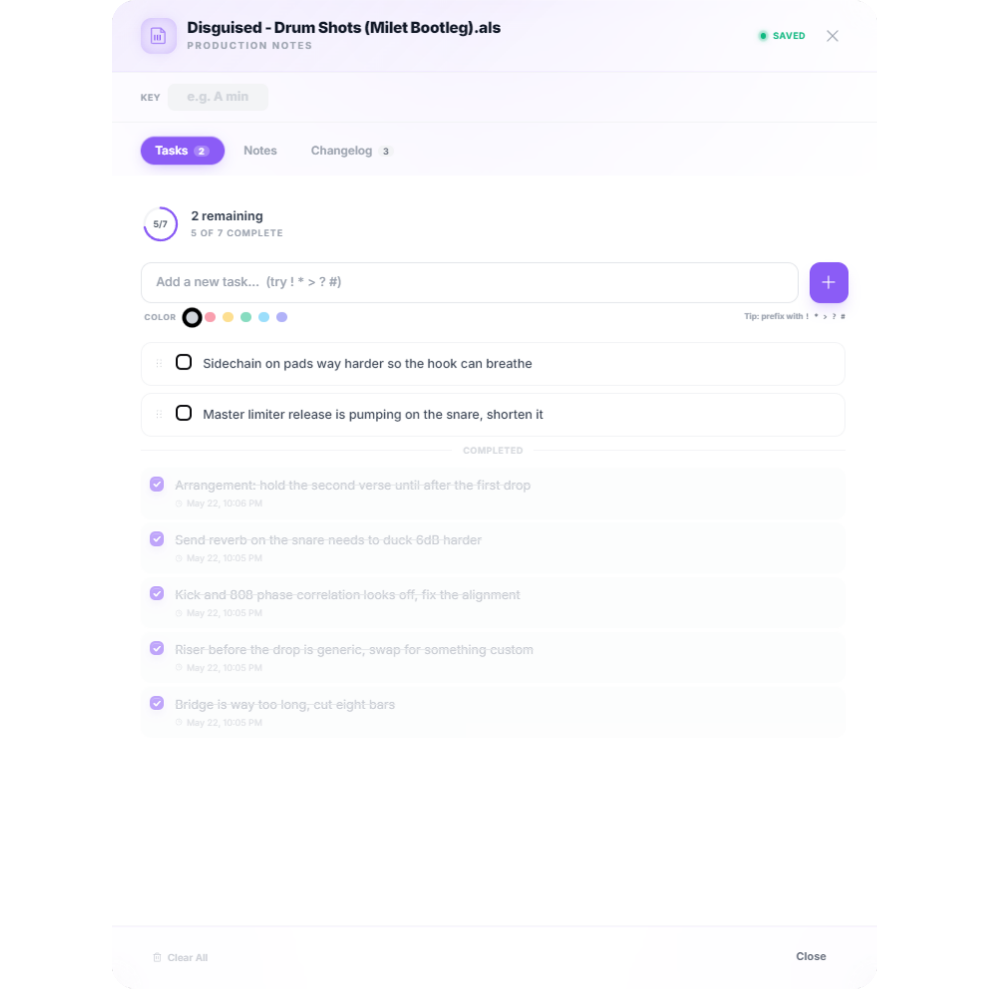 Vantom Production Notes — tasks, notes and changelog per project