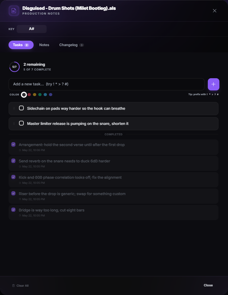 Vantom Production Notes — tasks, notes and changelog per project